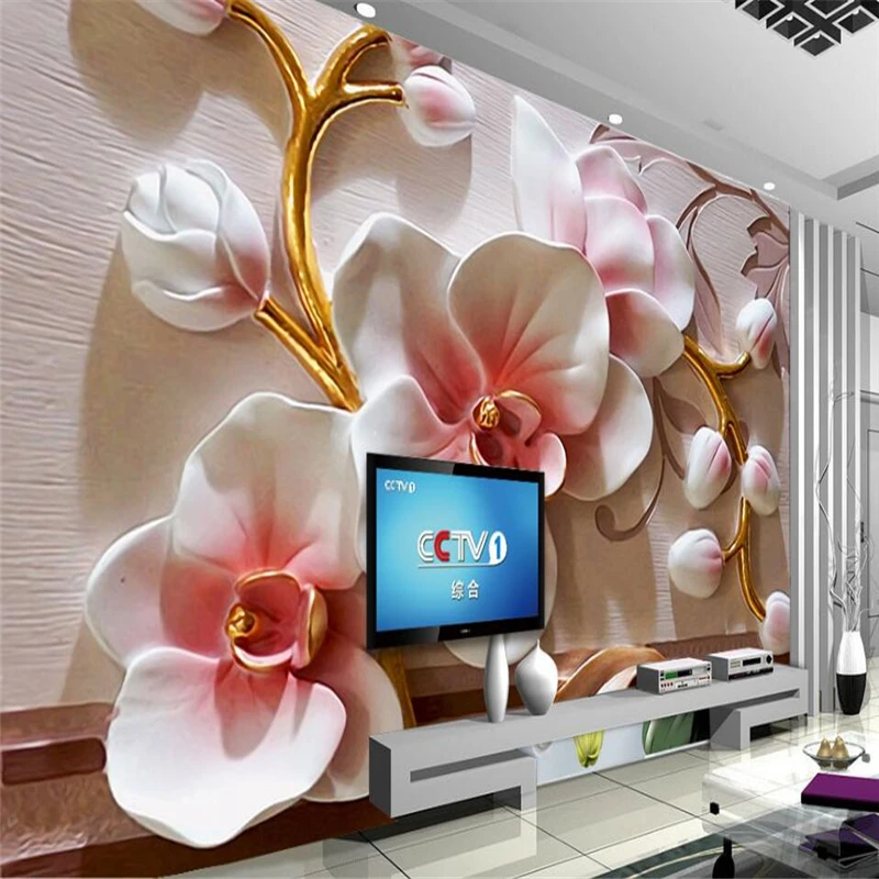 

beibehang 3D butterfly orchid relief wall modern minimalist flower custom large mural green wallpaper papel de parede