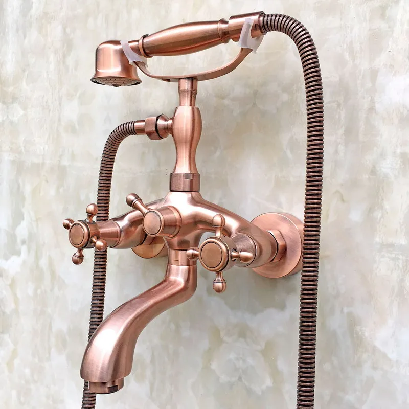 

Antique Red Copper Brass Double Cross Handles Wall Mounted Claw Foot Bathroom Tub Faucet Mixer Tap With Handshower mtf801