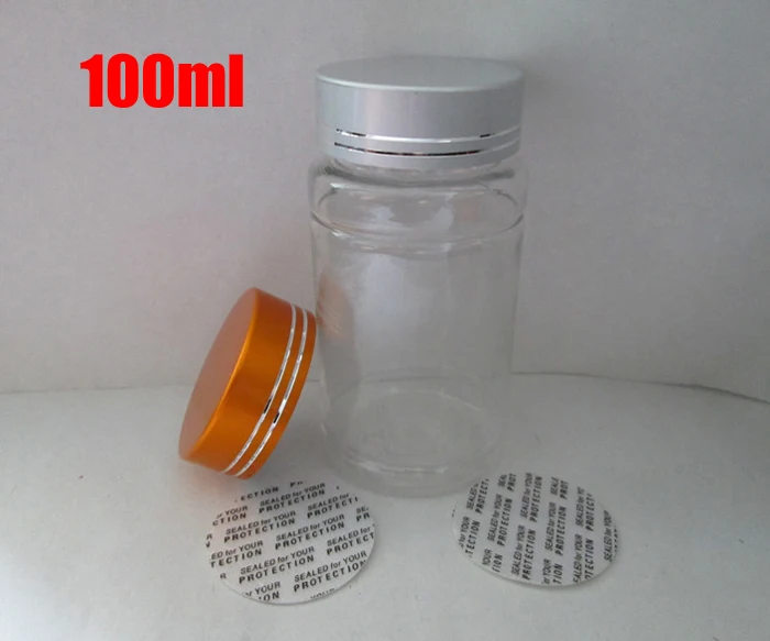 

100pcs 100ml Transparent PET Pills Bottles Container, Empty Sample Bottles, Plastic Capsules Bottles--Golden & Silver Metal Caps