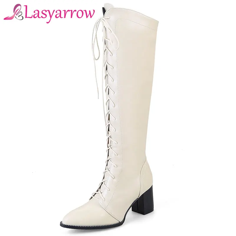 Lasyarrow Women Motorcycle Boots Pointed Toe Chunky Heel Riding Boots Shoes Female Lace Up Knee High Boots Black Brown Size 48