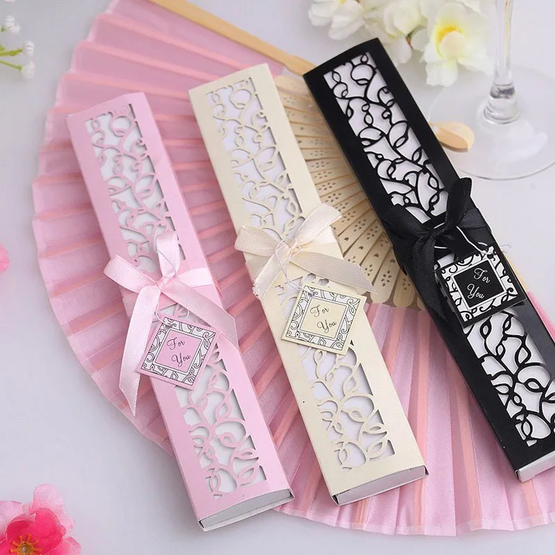 

100pcs/lot Personalized Luxurious Silk Fold hand Fan in Elegant Laser-Cut Gift Box +Party Favors/wedding Gifts+printing