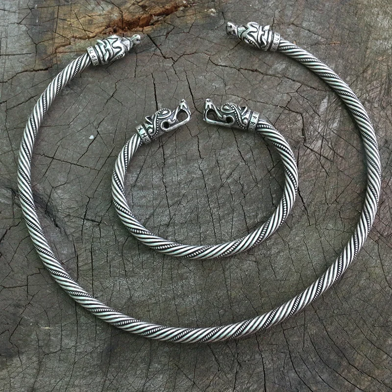 lanseis 1pcs viking wolf bracelet  Viking Wolf Head Fenrir Torc Neck Ring Ragnar Handmade Heavy Twisted Brass Wire Pagan Norse