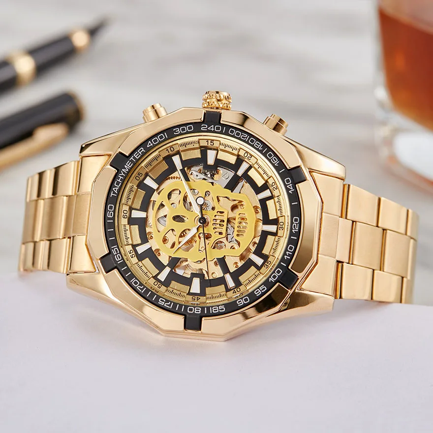 Luxury Gold Skull Automatic Mechanical Men Watch Skeleton Stainless Steel Self-wind Wrist Watch Men Big Clock relogio masculino