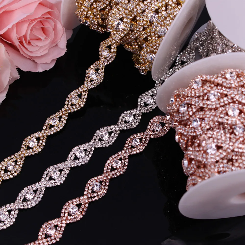 

1Yard Handmade Gold sewing rhinestone trimming bridal crystal clear rhinestone patch appliques for wedding dress belt DIY sew on