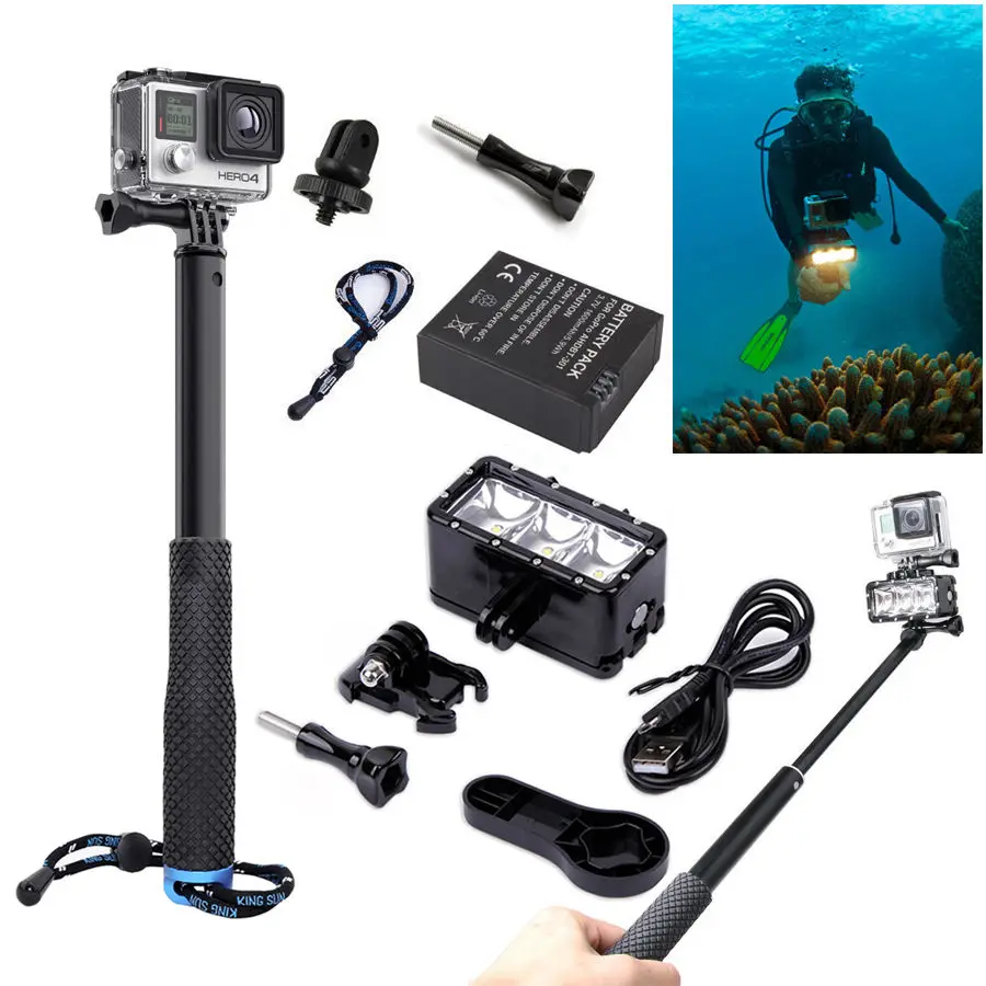 

Waterproof LED diving Flash Light for Go Pro Xiaoyi SJ4000 SJ5000 6000 7000+36 inch SP Pov Pole monopod for gopro