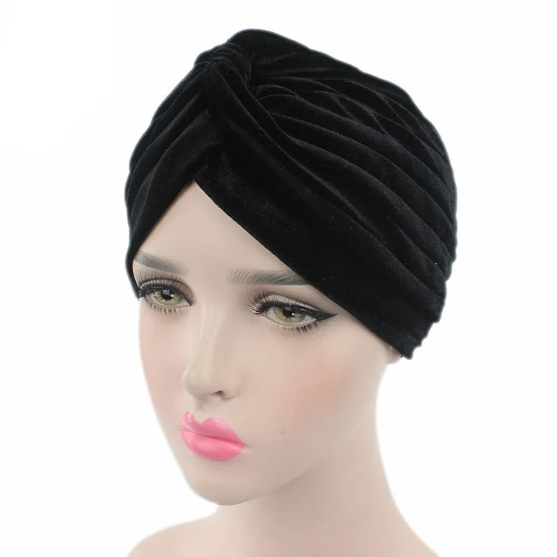 New Muslim Women Stretch Solid Velvet Turban Hats Chemo Beanie Bandana Hijab Pleated Wrap Cover Cap Hair Loss  Party Accessories