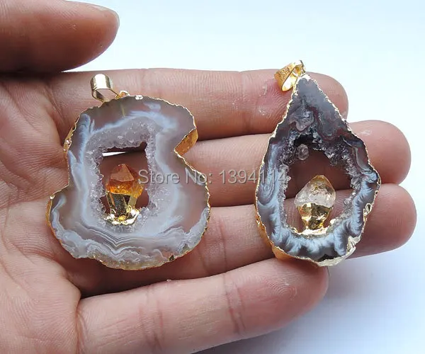 

Natural Agate Geode Slice & Citrine Point Irregular Shape Pendant With Side Gold-plated