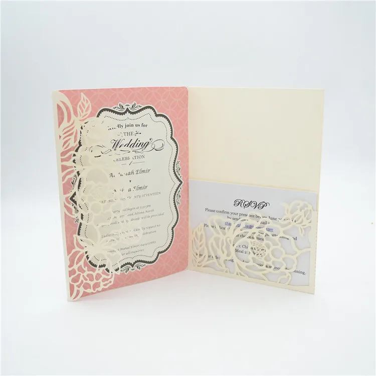 Gorgeous shimmer beige rose laser cut wedding invitations pocket fold