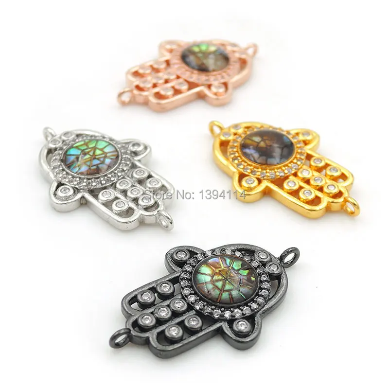 

25*16*3mm Micro Pave Clear CZ Gridding Abalone Shell Palm Of Round Relief Connector Fit For Women As DIY Bracelets Accessory