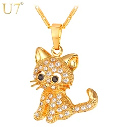 U7 Crystal Kitty Cat Pendant Necklace Jewelry for Women Girls Cat Lover Gifts Daughter Necklace 20+2 inch Chain P1027 QC24