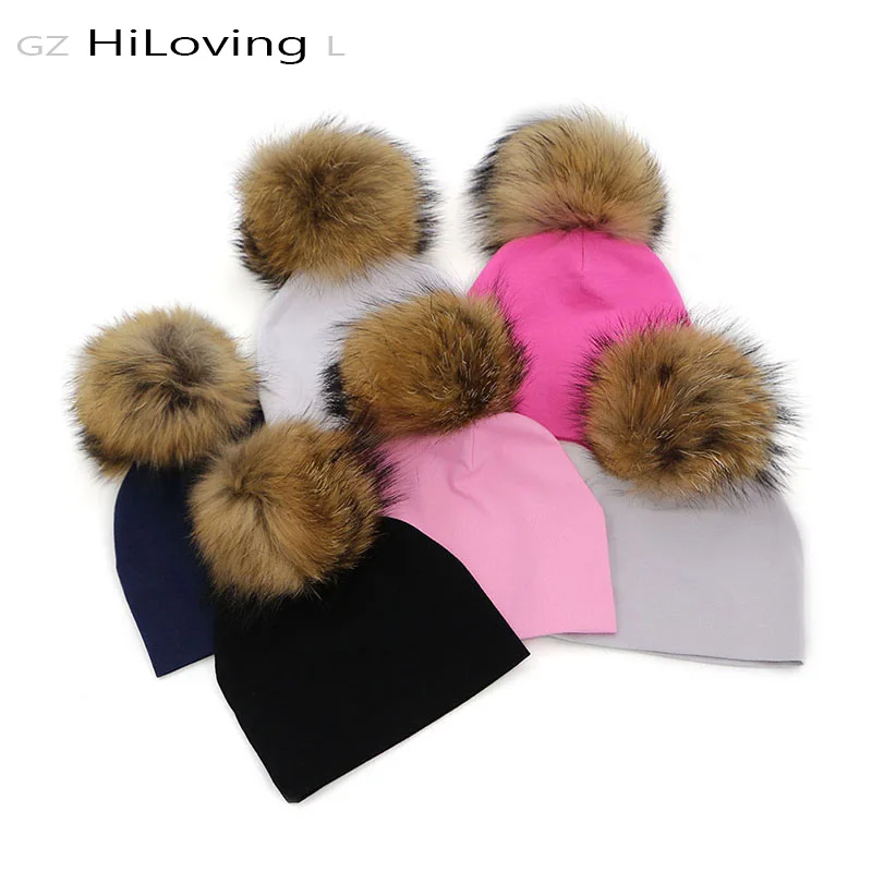 GZhilovingL 0-5 month Winter Baby Girls Boys Solid Fur Pompom Beanies Hats Autunm Spring Soft Cotton Natural Fur Skullies Hat