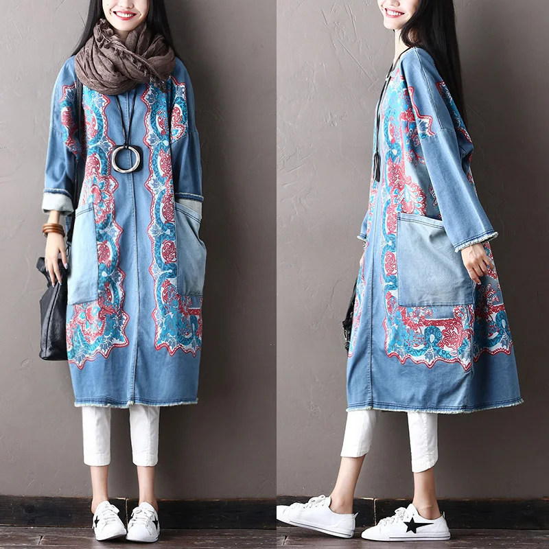 2017 female autumn national trend print all-match outerwear  flash patchwork denim large pockets dress