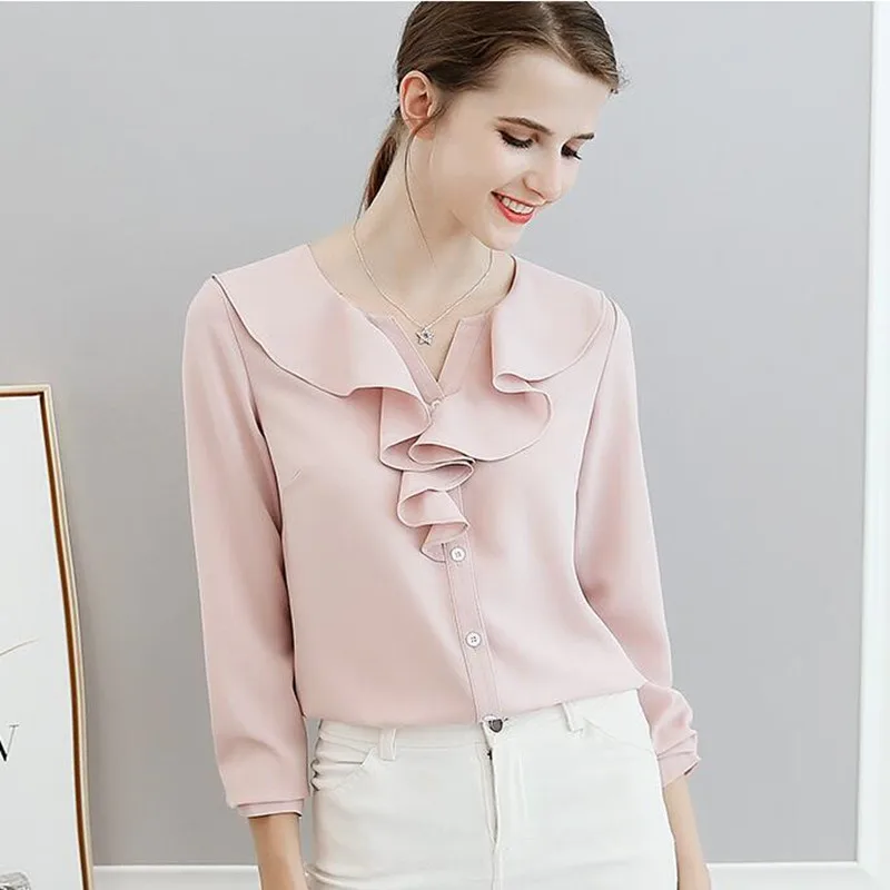 Spring Summer Chiffon Women Shirt Office Ladies Pure Color Long Sleeves Thin Casual Blouse Female New Korean Fashion Top H9078