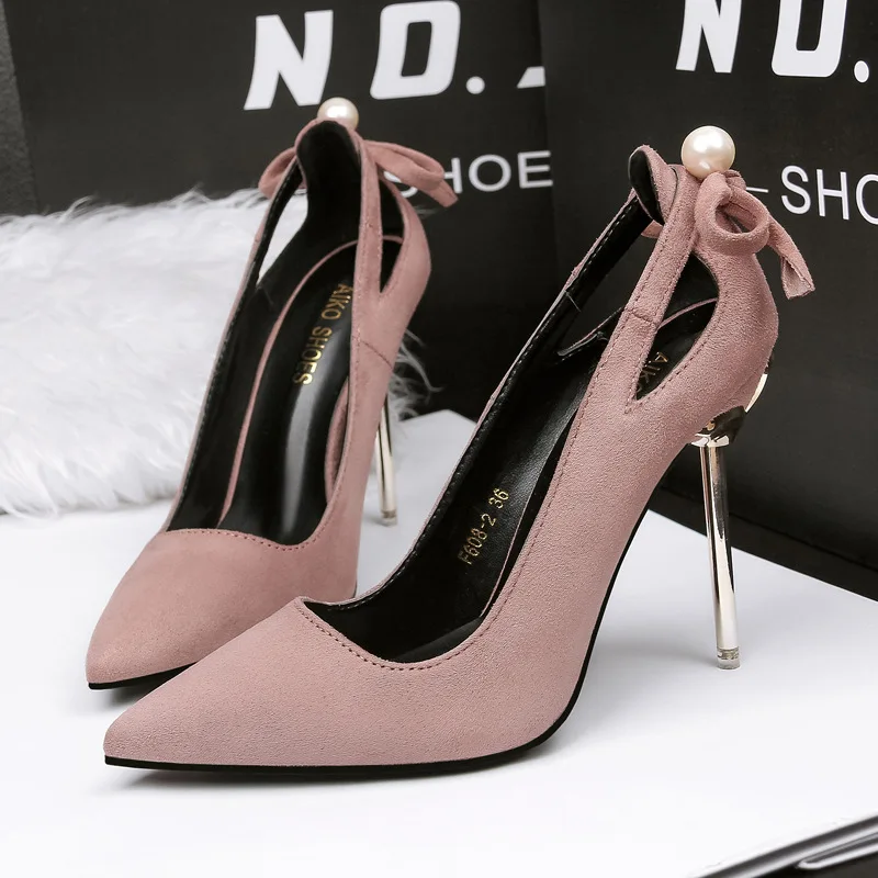 Women Pumps Flock Pointed Toe fashion mouth Hollow Bow 10CM Thin heel Fashion Dress Office Shoes