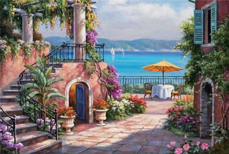 

100% Hand-painted Mediterranean Canvas Art for Living Room Sea Landscape Oil Painting Home Decoration No Frame