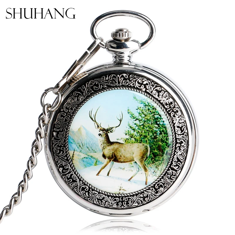 

SHUHANG Vintage Pocket Watches Men Mechanical Elk Deer Moose Skeleton Hand Winding Fashion Gift Item Women Pendant FOB Chain