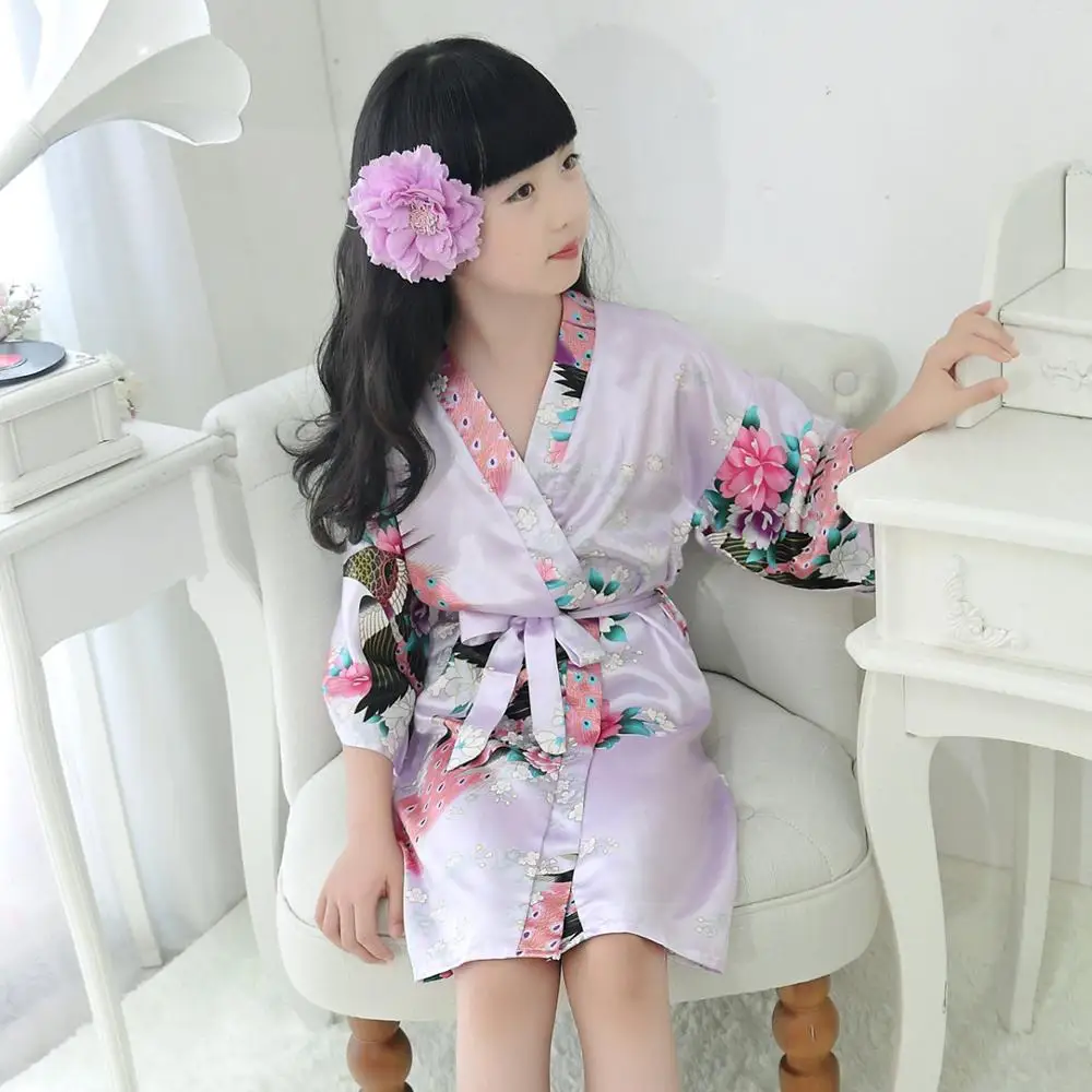 Lovely New Kid Silk floral Wedding Robe Kimono Bride Flower Girl Dress Children Bathrobe Sleepwear Baby Clothes Dressing Gown