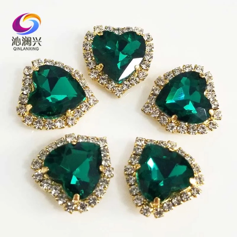 Heart Shape Malachite Green Crystal Glass Rhinestones, Gold Bottom Sew on Buckle, Used for Needlework, DIY/Sewing Accessories