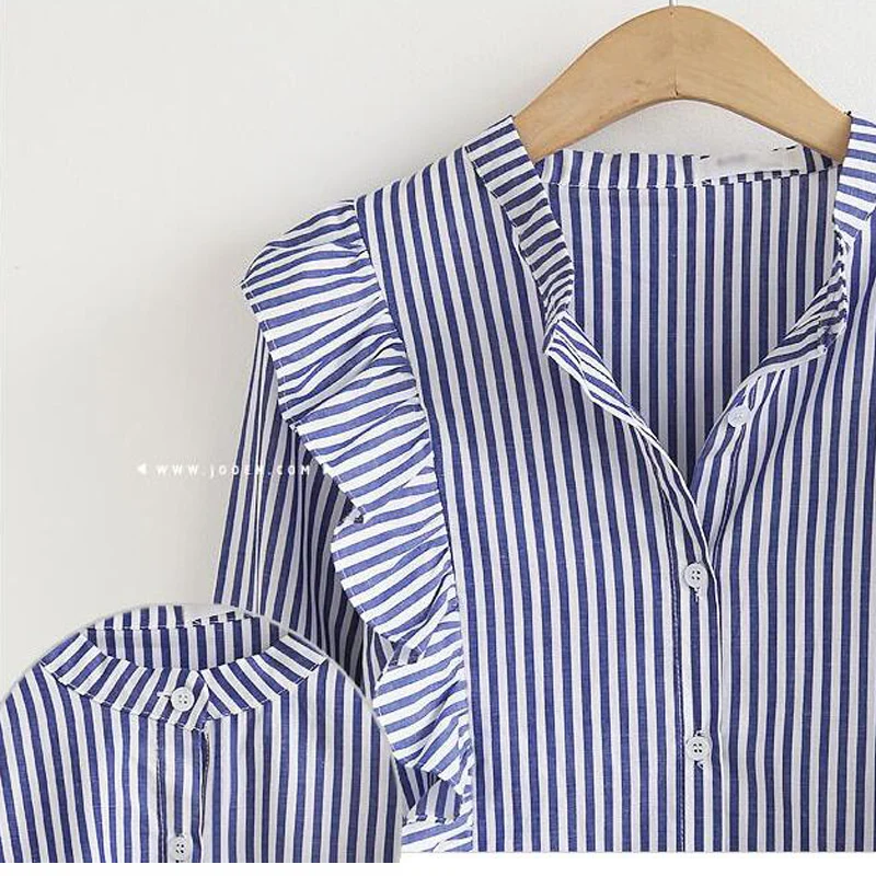 2018 New Autumn Women Blouse Vertical Striped Stand Collar Long Sleeve Shirts Women Casual Ruffles Tops