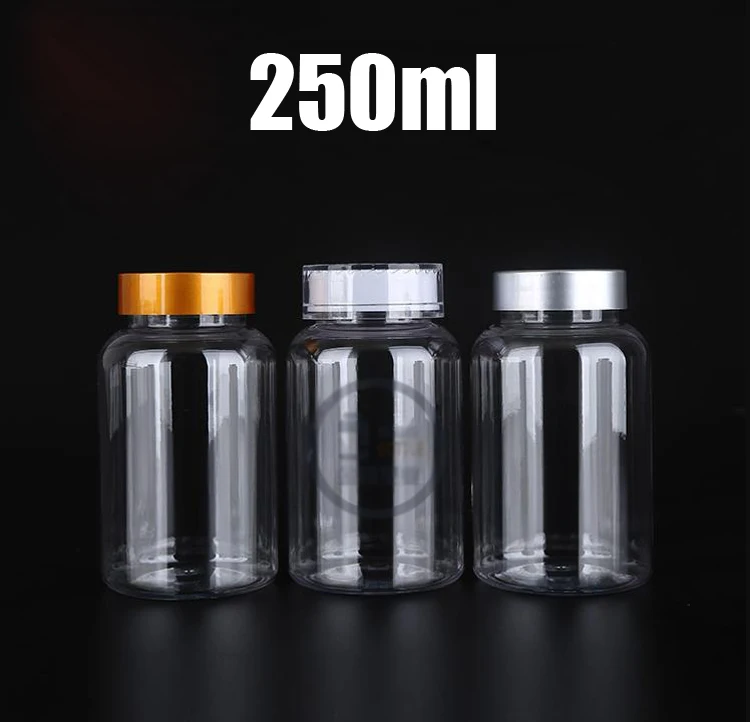 20PCS 250ml Transparente PET Pillen/Pulver/Tabletten/Vatimins/Kapseln Flaschen mit Kind-beweis goldene/Silber Farbe Caps & Dichtungen