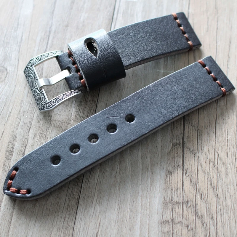 Men 20mm 22mm 24mm 26mm Fabric Vintage Black leather Watchband Strap band Bracelet pin Carved Buckle Clasp For Panerai/Pam watch