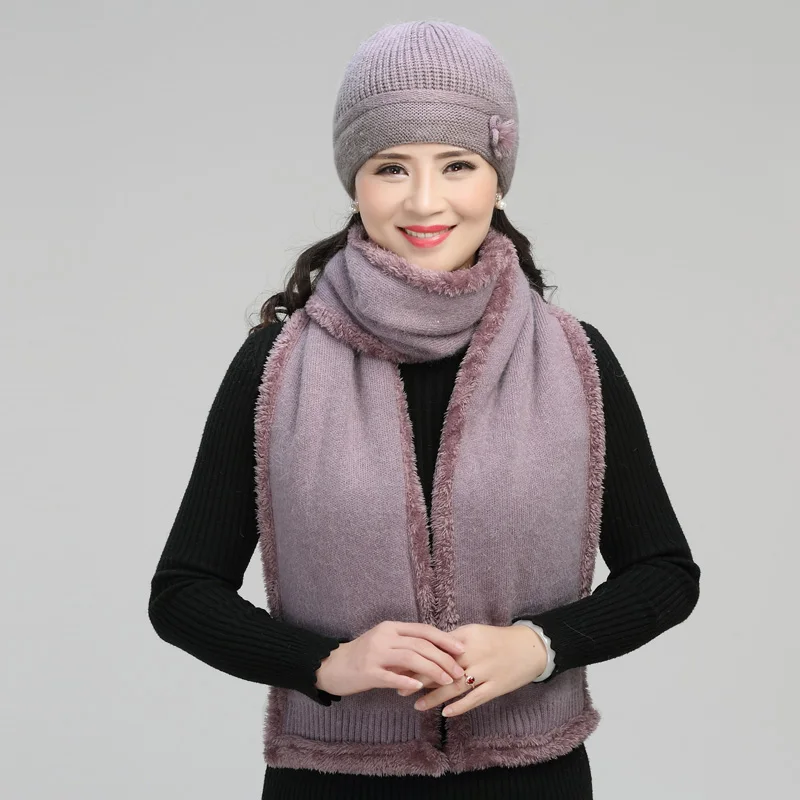 Middle Aged Old Male Beanies Hat Woman Winter Plus Velvet Knitting Cap Mother Birthday Present Comfortable Soft Lady Scarf H7163