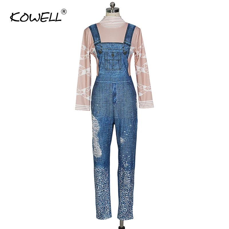 2019 dolcevita donna manica lunga Denim tute stampa geometrica Patchwork Denim Slim Zip posteriore un pezzo pagliaccetti Casual complessivi