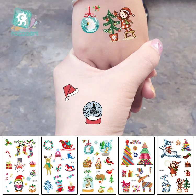 

Rocooart Cartoon Tattoo Stickers Christmas Gift Flash Temporary Tattoo Children Henna Tattoo For Kids Winter Elements Fak