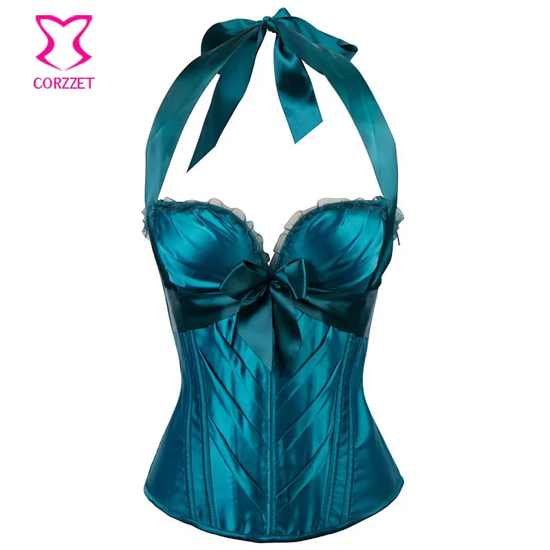 Green Satin Bows Halter Push Up Corsets And Bustiers Corpetes E Espartilhos Plus Size Corset Lingerie Sexy Korsett For Women 6XL