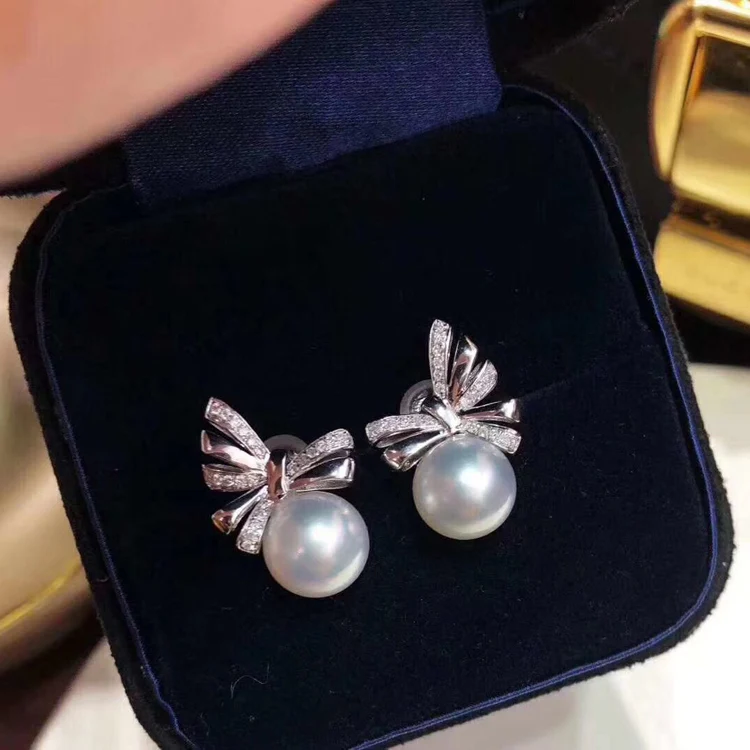 New Bowknot Design Pearl Earrings+Necklace Findings S925 Sterling Silver 2 Set Jewelry Component DIY Accessory 3Pcs/Lot