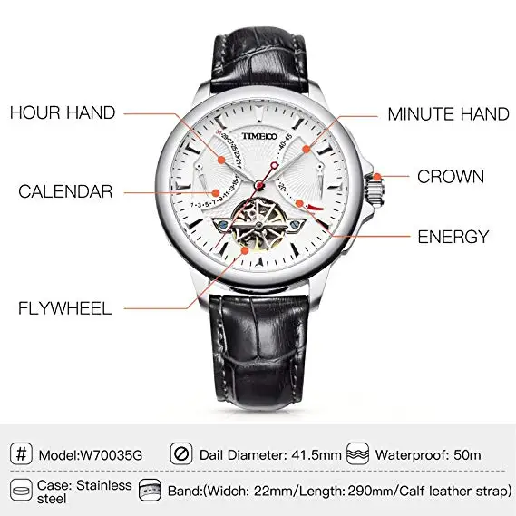 TIME100 Mens Skeleton Watches Clock Automatic Mechanical Watch Men Business Waterproof Sport Wrist Watch Resistant Leather Strap