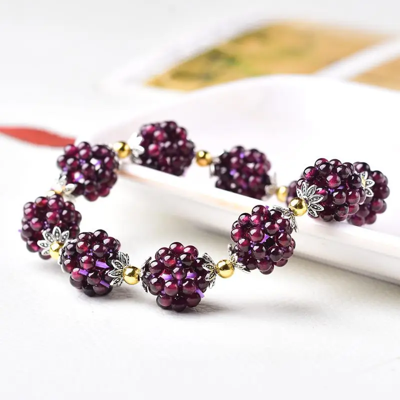 High Quality Natural Garnet Round Beaded Bracelets Strand Elegant Bracelets Bangles Fashion Jewelry Gift for Women Girls