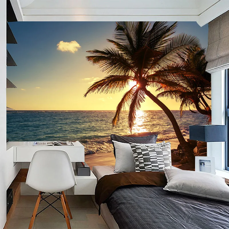 Custom 3D Mural Photo Wallpaper Beach Sunset Coconut Palm Seaside Landscape Wall Painting Restaurant Cafe Home Decor Wall Papers