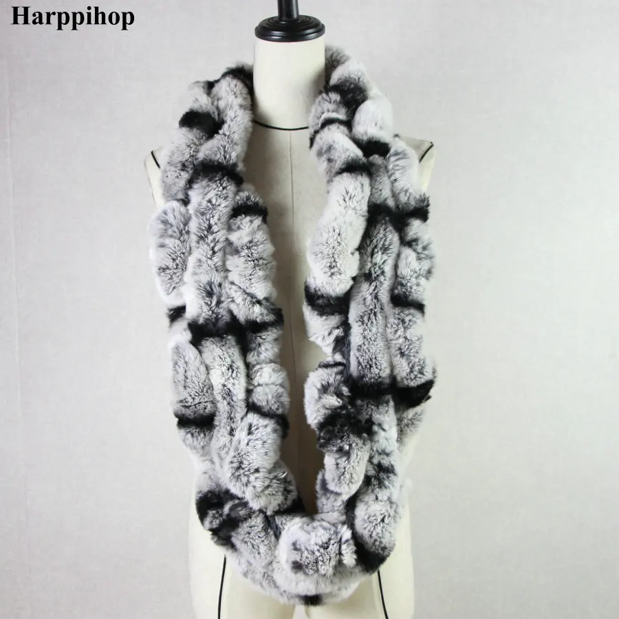 Harppihop* Winter womens Real rex Rabbit Fur stole Wrap Muffler loop infinite rex rabbit fur scarf shawl neckerchief HPS01