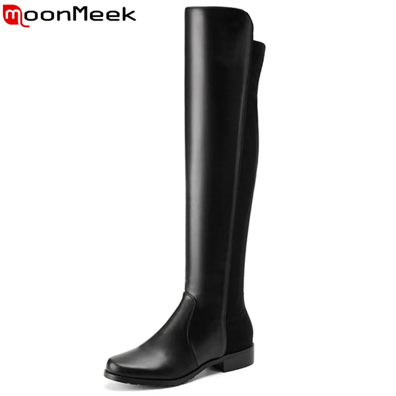 MoonMeek size 33-43 fashion autumn winter boots women round toe over the knee boots low heel stretch fabric+cow leather boots