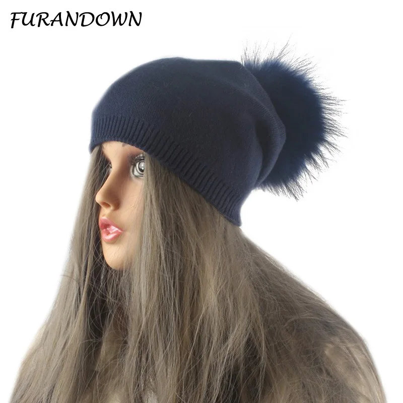 Gorro de punto cálido para mujer, gorros de lana, gorro de Cachemira informal, Gorro con pompón de piel de mapache Real, Otoño e Invierno