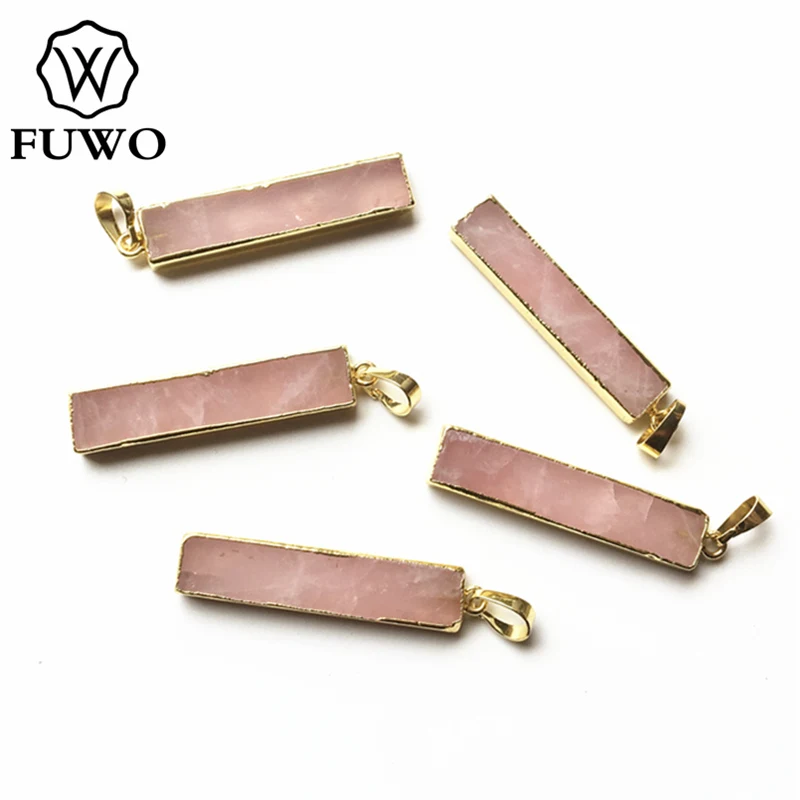 FUWO Natural Pink Quartz Bar Pendant With Golden Trimmed Rectangle Semi-precious Stone Jewelry For Necklace Making PD226