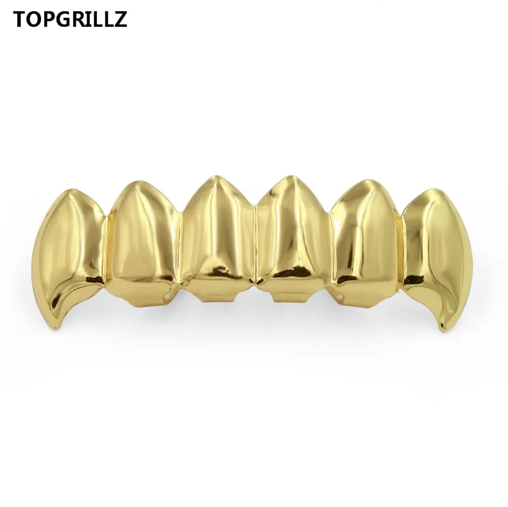 TOPGRILLZ New Fit Gold Color Plated Hip Hop Teeth Half Fang Top & Solid Fangs Bottom Grillz Vampire Set.Gift