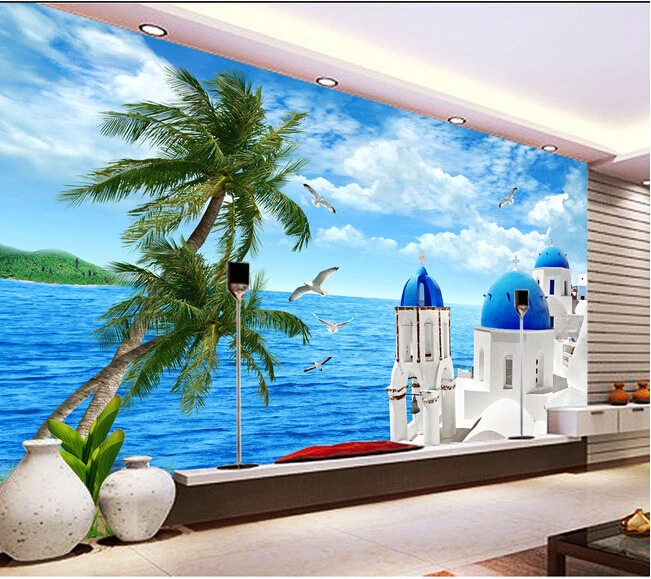 Custom landscape wallpaper murals for Aegean Sea, palm room TV background wall waterproof wallpaper