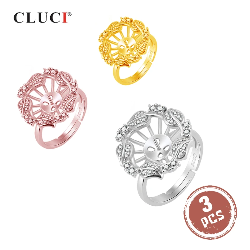

CLUCI 3pcs 925 Sterling Silver Adjustable Women Rings Pearl Ring Mounting Jewelry Silver 925 Open Zircon Flower Rings SR2093SB