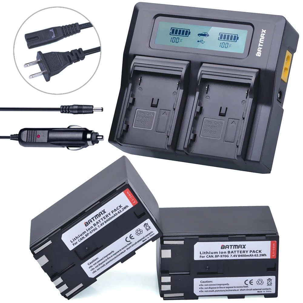 2Pcs 8400mAh BP-970G,BP 970G BP-975  Batteries + LCD Rapid Dual Charger Kits for Canon EOS C100,Mark II, EOS C300, XF100, XF105