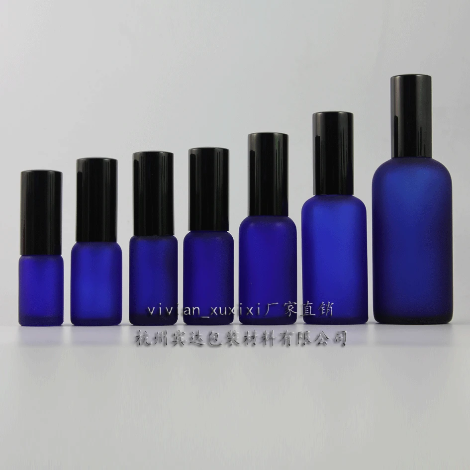 100pcs 100ml blue frosted Glass perfume Bottle With aluminum black mist sprayer