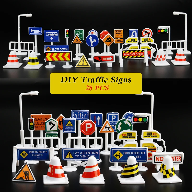 

28PCS DIY Traffic Sign Model Scene education Toys Road Sign Road block Ideal Christmas Birthday for Kids Gift parking lot view