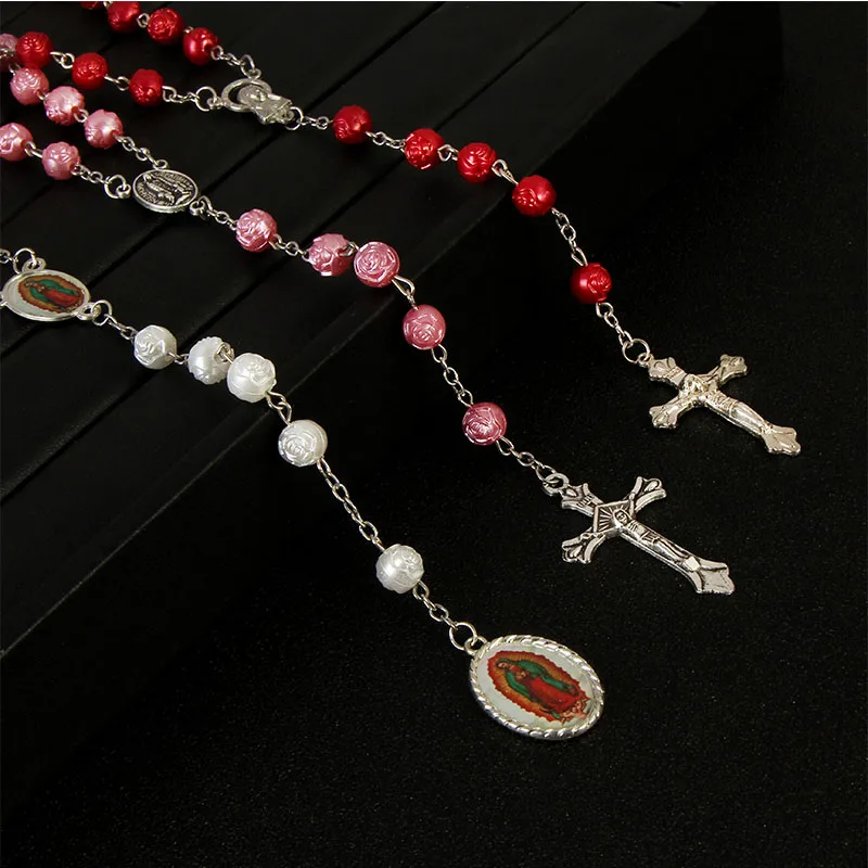 Religious crystal rose Fatima rosary cross necklace. Fatima rosary blessed the cross necklace. 8 mm. 48 pieces