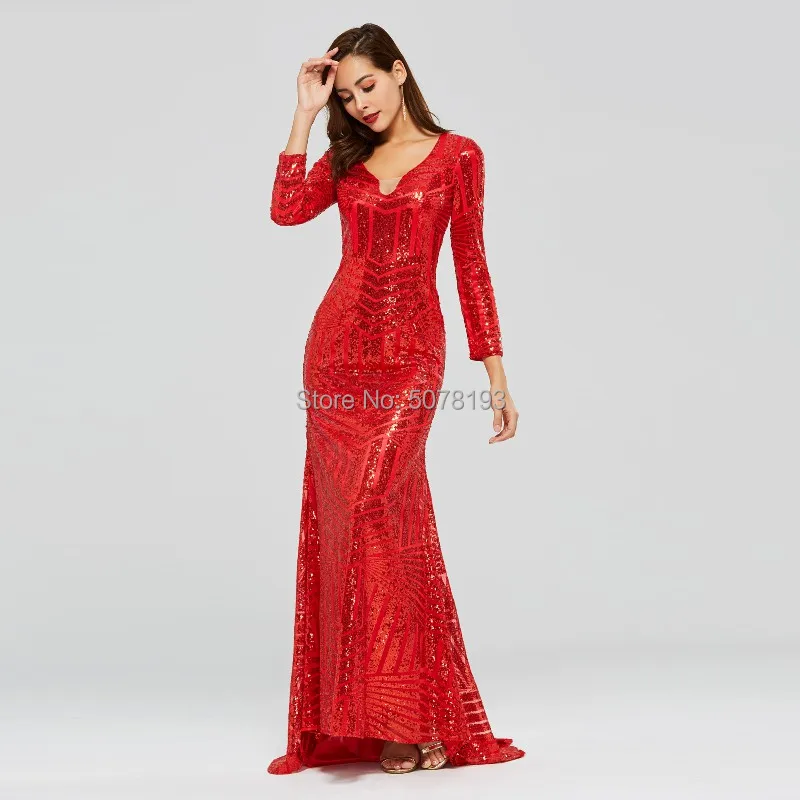 

2019 graceful V-neck tree quarter natural mermaid/trumpet sequins lace floor-length sweep trailing dress/gown free shipping