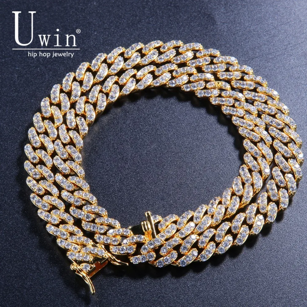 Uwin 9mm Iced Out Cuban Chian CZ Punk Choker Fashion Gold Color Necklace Men HipHop Jewelry For Gift