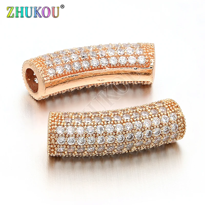 7*24mm Brass Cubic Zirconia Curved Tube Spacer Beads for DIY Jewelry Bracelet Necklace Making, Hole: 4mm, Model: VW6