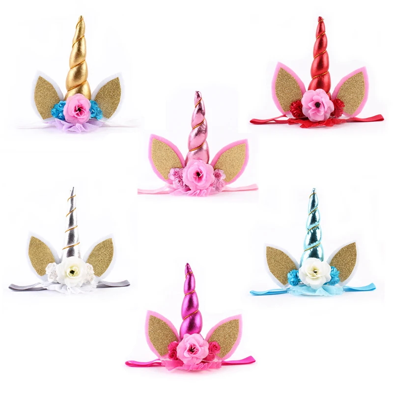 Cute Elastic Flower Lace Unicorn Horn Decoration Girls Decorative Birthday Party Decoration Halloween Costume Plush Toy Gift