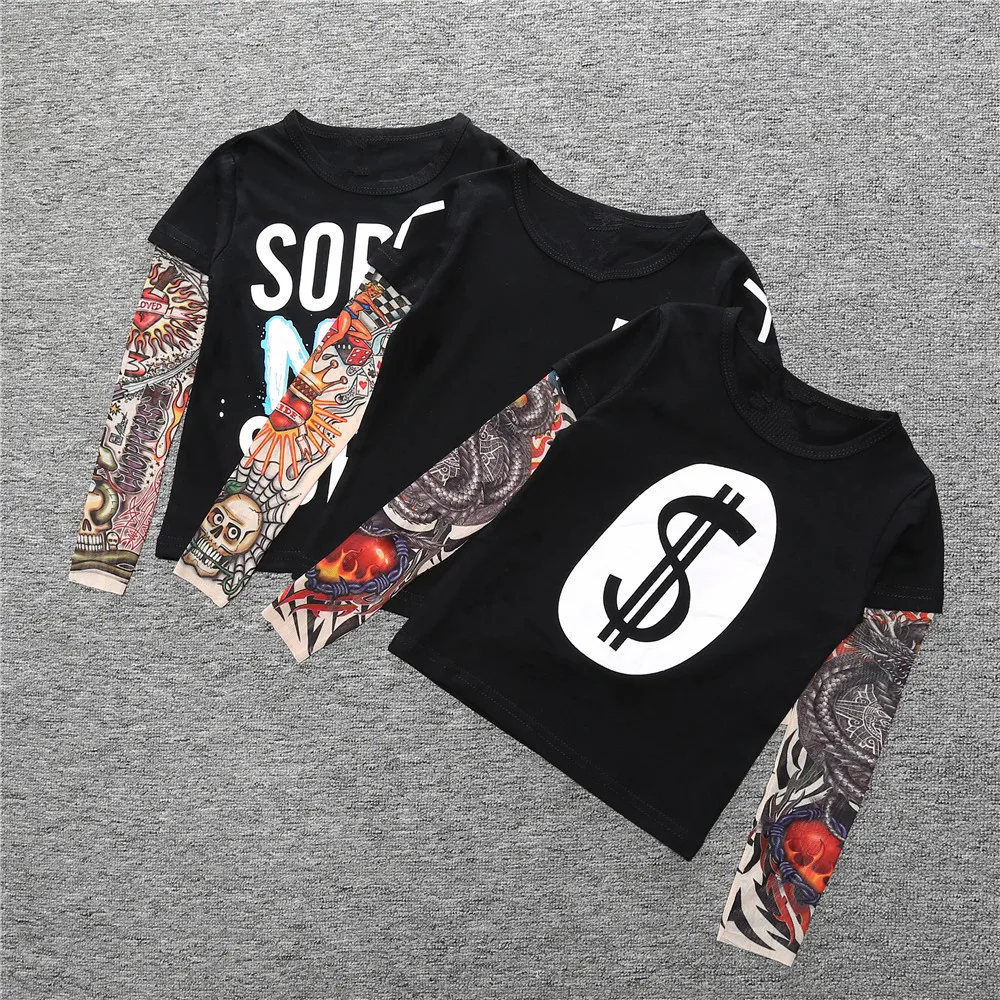 

Tattoo Sleeved Boys T-Shirts Long Children Tops Cotton Kids Clothes Hip-Pop Tee Shirts Jersey Girl Streetwear T-Shirts