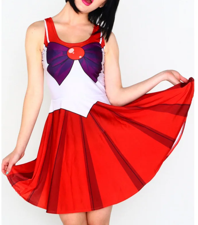 Girls Sailor Moon Printed Skater Dress Ladies Cosplay Sailor Moon Fancy Party Pleated Dress Reversible Tennis Dress Sleeveless